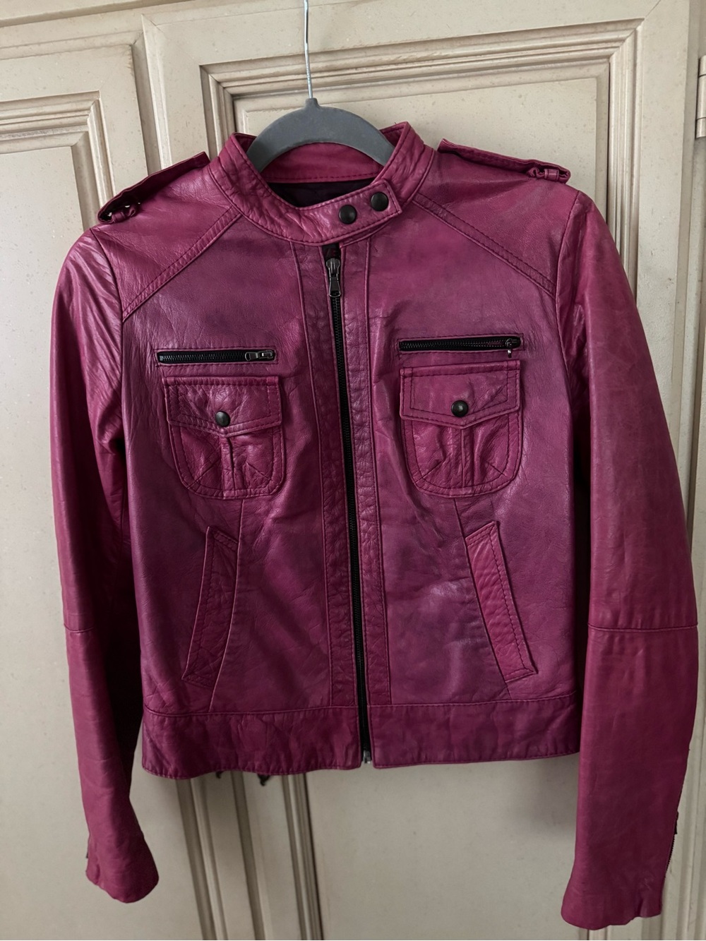 Women's Burgundy Leather Jacket - Classic Moto Style